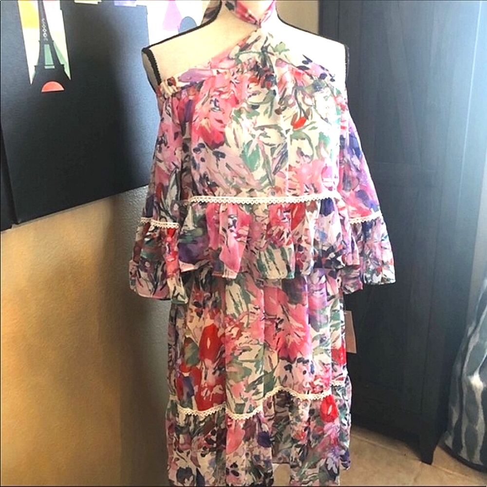 👗Rachel Roy NWT Floral Halter Pink Multi Colored Cold Shoulder Dress Size 4